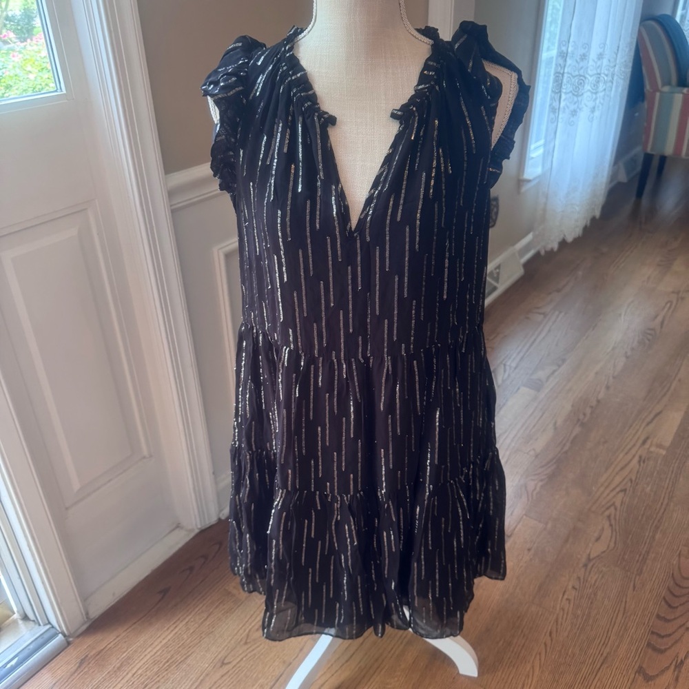 Black Metallic Silver Foil Stripe Ruffle Tiered V-Neck Mini‎ Dress Sleeveless